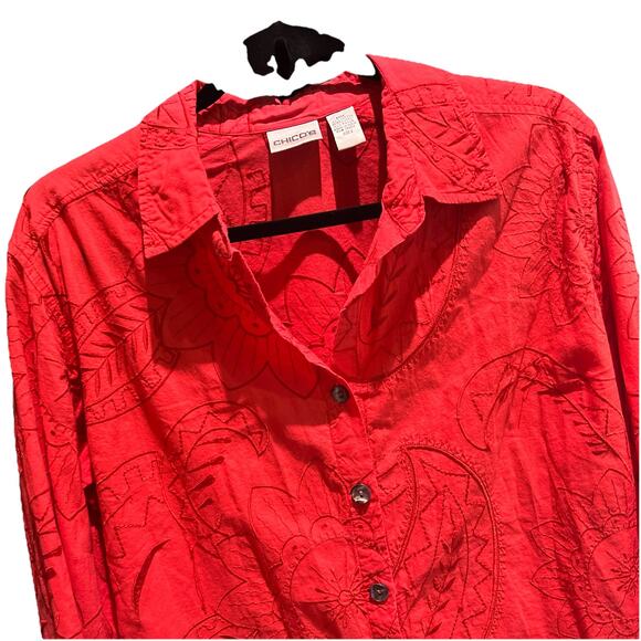 Chicos size 2 Button Down Top Womens Large Orange embroidered Paisley - Picture 2 of 9